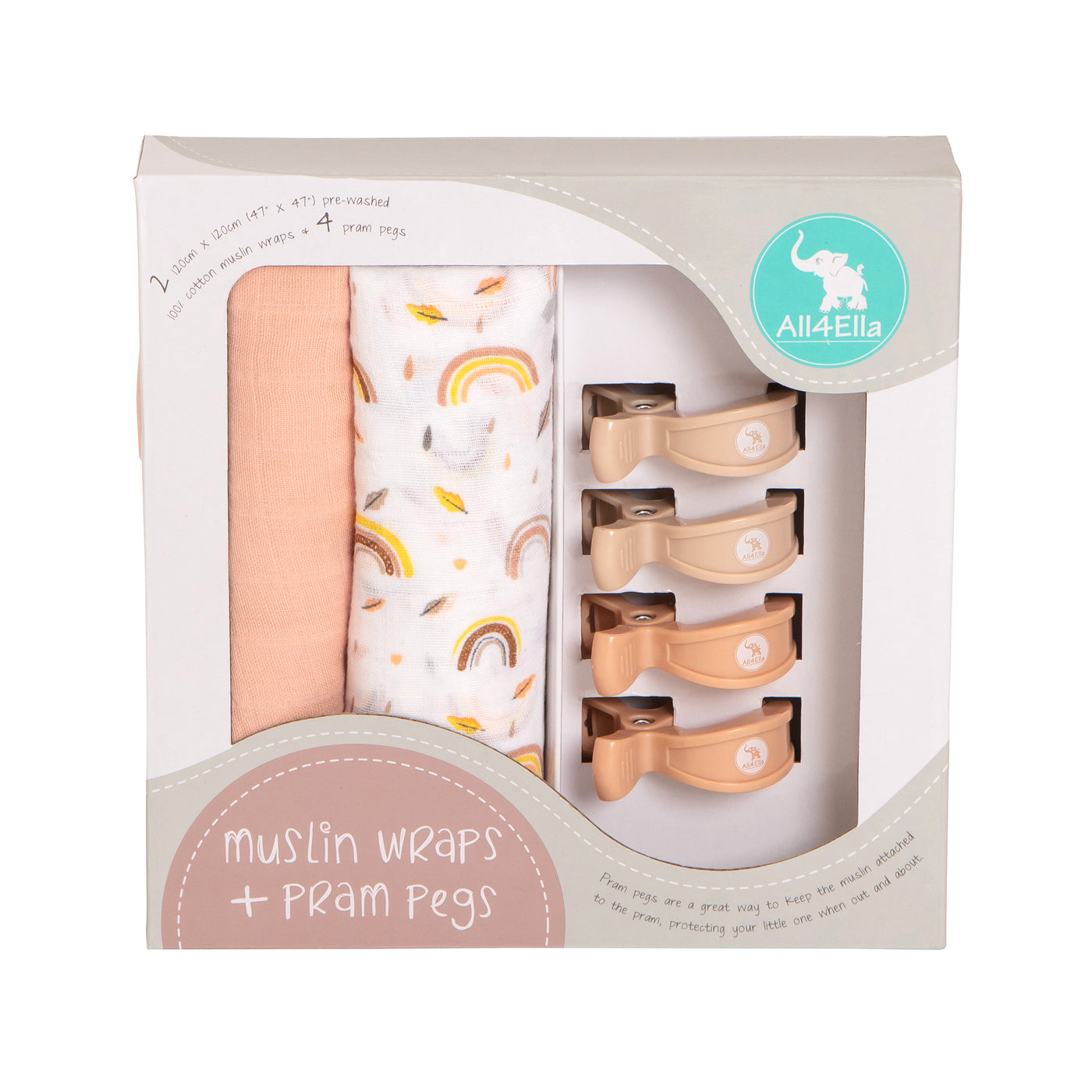 All4Ella 2 Pack Wraps & 4 Pegs - Rainbows & Peach