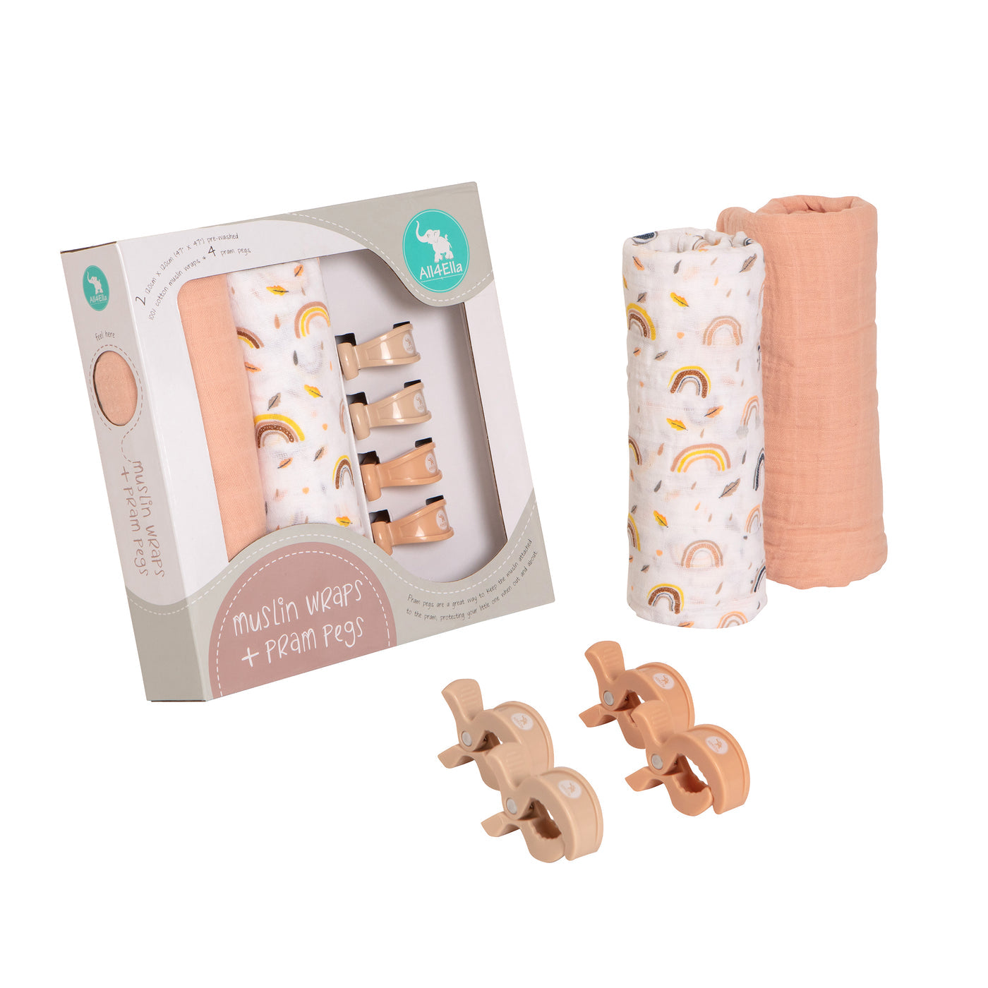 All4Ella | 2 Pack Wraps & 4 Pegs - Rainbows & Peach