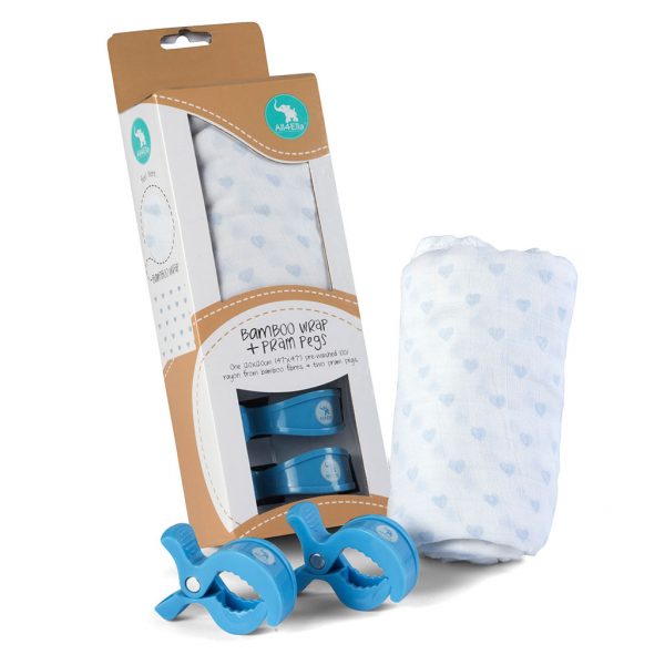 All4Ella | Bamboo Wrap & 2 Pram Pegs – Blue Hearts